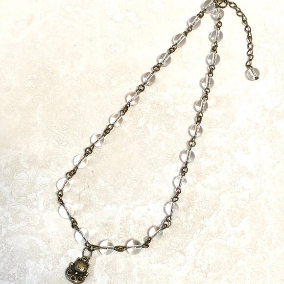 Genuine Clear Quartz Short Necklace, Cute Bronze Fortune Cat + Natural Gemstone - Picture 13 of 16